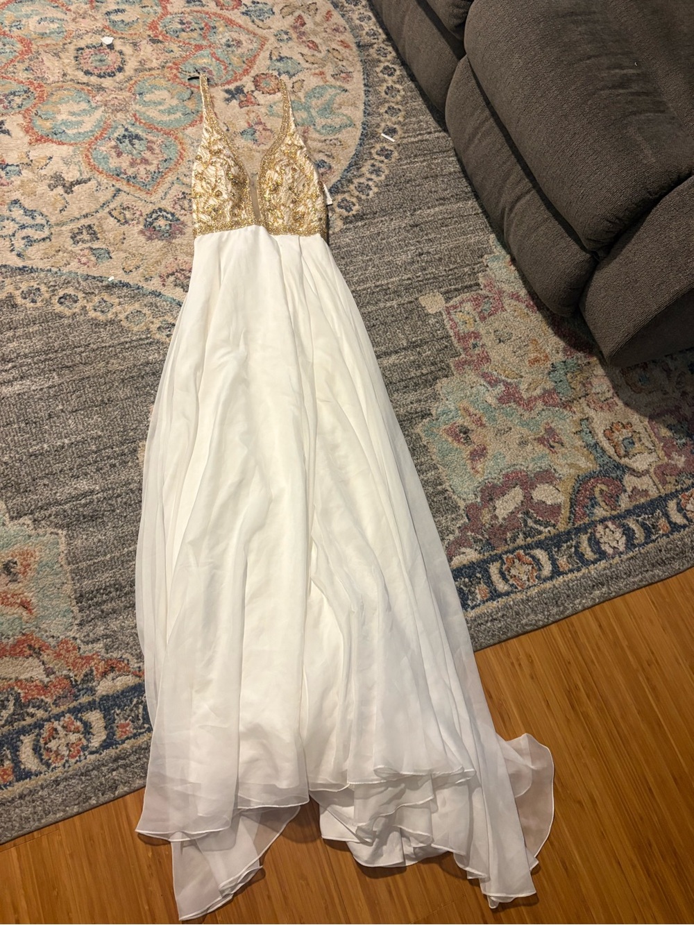 Lush White Chiffon Gown with Gold Sequin Bodice
